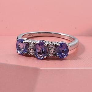 D'Joy Tanzanite and White Zircon 1.50 ctw Royal Trinity Ring in Rhodium Over Sterling Silver (Size 5.0)