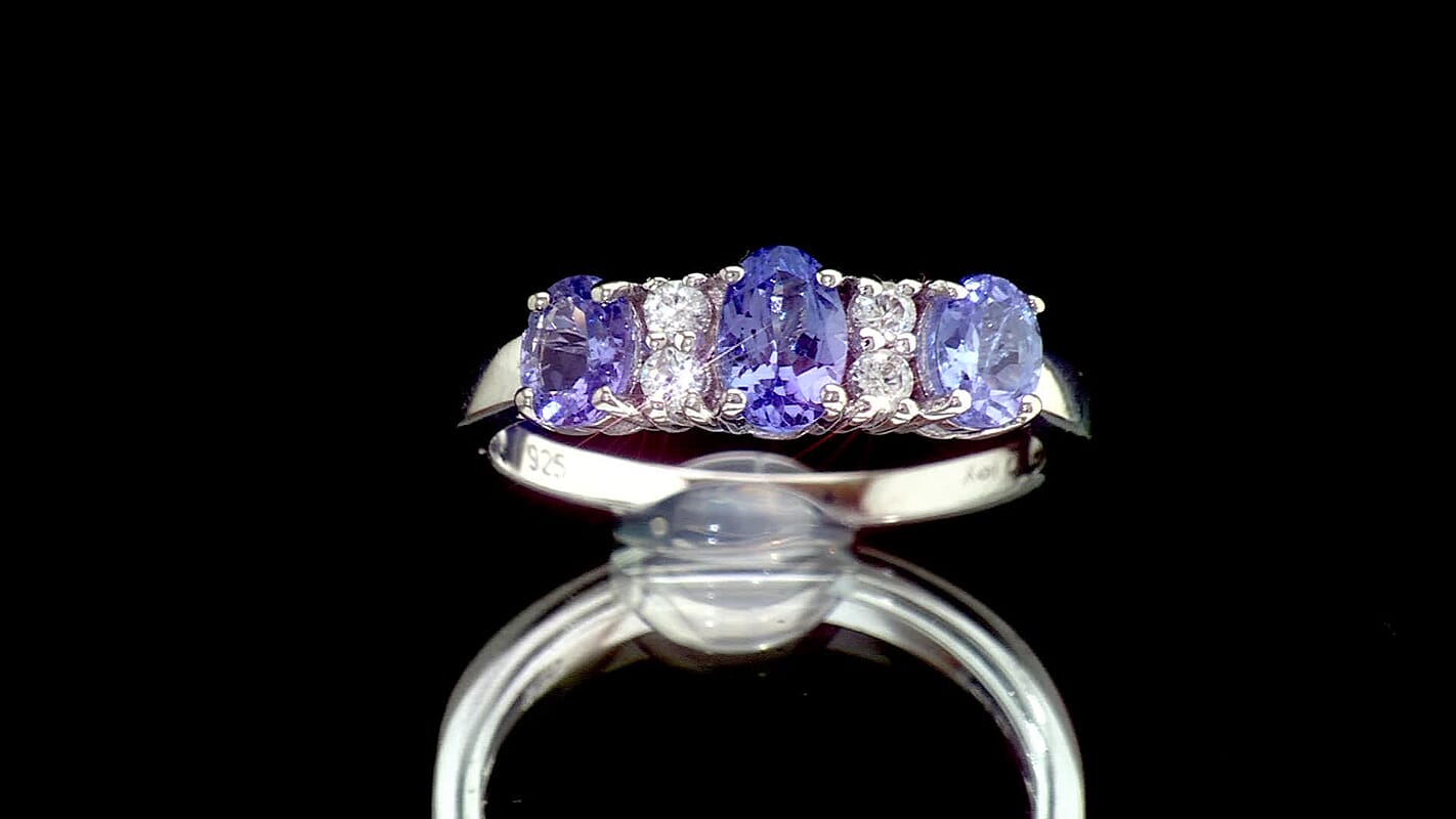 D'Joy Tanzanite, White Zircon Royal Trinity Ring in Rhodium Over Sterling Silver (Size 10.0) 1.50 ctw