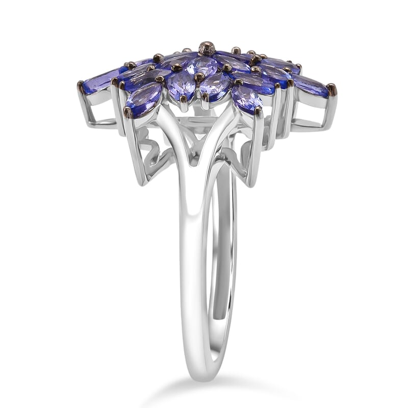 D'Joy Tanzanite 2.30 ctw Royal Bloom Ring in Rhodium Over Sterling Silver (Size 5.0)