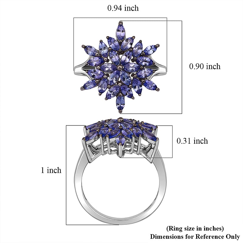 D'Joy Tanzanite 2.30 ctw Royal Bloom Ring in Rhodium Over Sterling Silver (Size 5.0)