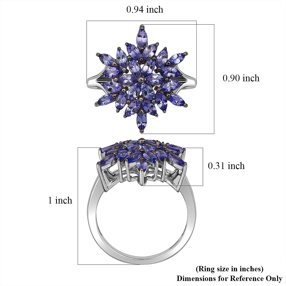 D'Joy Tanzanite 2.30 ctw Royal Bloom Ring in Rhodium Over Sterling Silver (Size 6.0) image number 5
