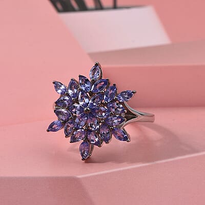 D'Joy Tanzanite 2.30 ctw Royal Bloom Ring in Rhodium Over Sterling Silver (Size 7.0)