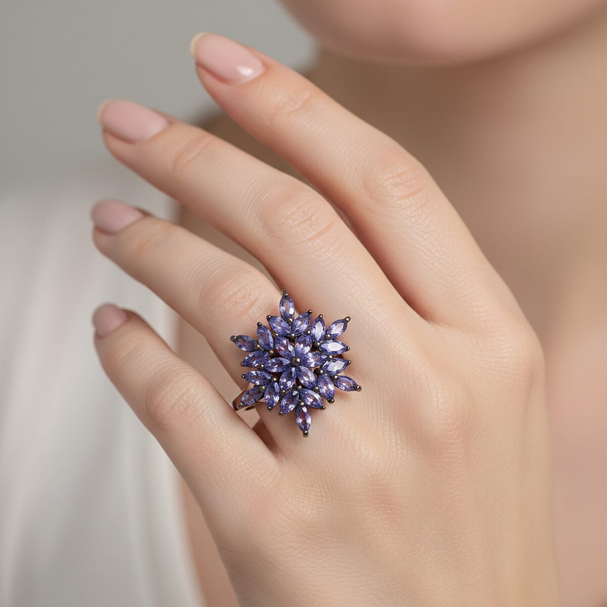 D'Joy Tanzanite 2.30 ctw Royal Bloom Ring in Rhodium Over Sterling Silver (Size 9.0) image number 2