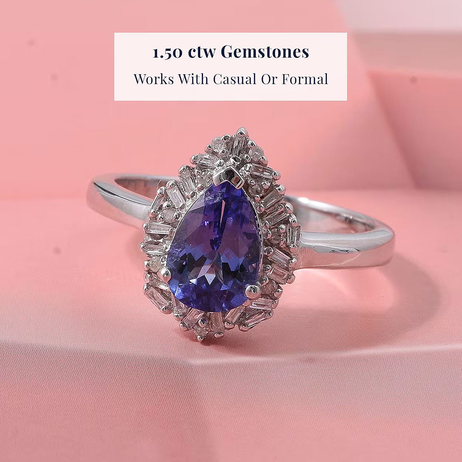 D'Joy Tanzanite and Diamond 1.50 ctw Royal Starburst Ring in Rhodium Over Sterling Silver (Size 10.0)