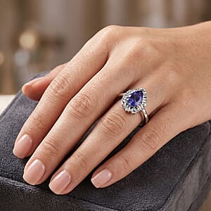 D'Joy Tanzanite and Diamond 1.50 ctw Royal Starburst Ring in Rhodium Over Sterling Silver (Size 10.0)