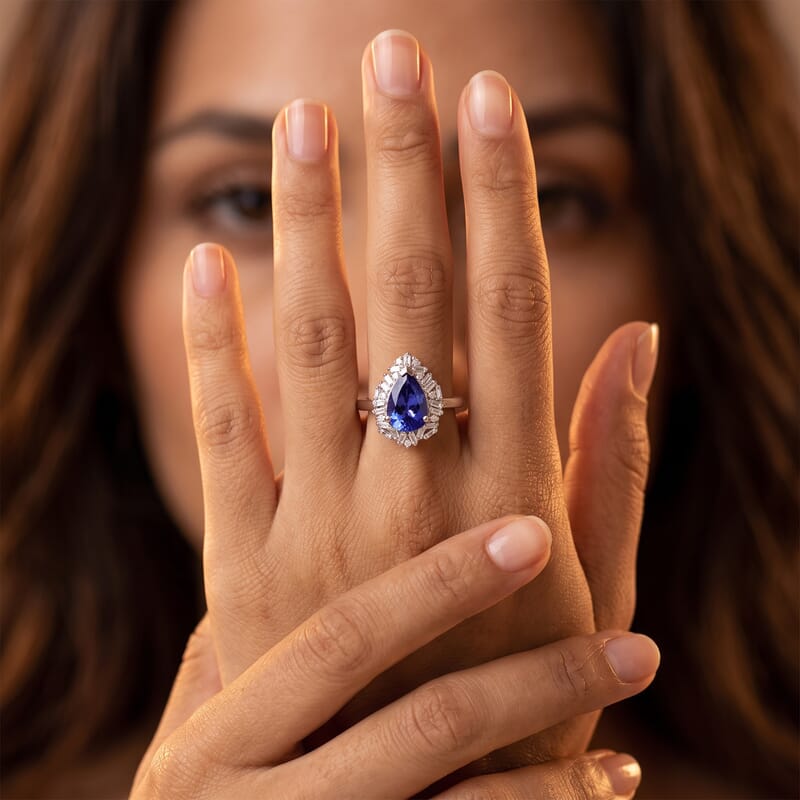 D'Joy Tanzanite and Diamond 1.50 ctw Royal Starburst Ring in Rhodium Over Sterling Silver (Size 10.0)