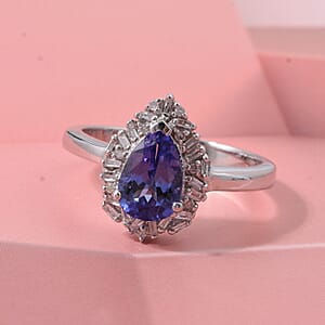D'Joy Tanzanite and Diamond 1.50 ctw Royal Starburst Ring in Rhodium Over Sterling Silver (Size 5.0)