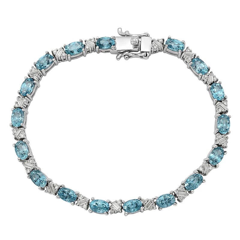 D'Joy Premium Cambodian Blue Zircon and Moissanite 14.80 ctw Ocean Flow Bracelet in Rhodium Over Sterling Silver (6.50 In)