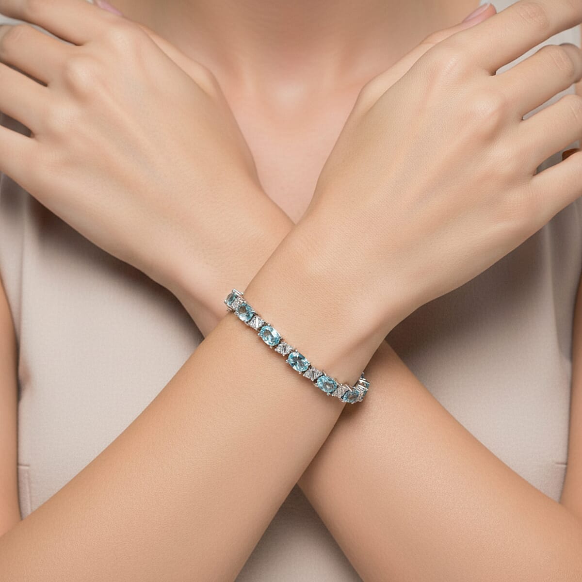 D'Joy Premium Cambodian Blue Zircon and Moissanite 14.80 ctw Ocean Flow Bracelet in Rhodium Over Sterling Silver (6.50 In) (Del. in 10-12 Days) image number 2