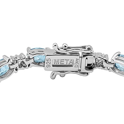 D'Joy Premium Cambodian Blue Zircon and Moissanite 14.80 ctw Ocean Flow Bracelet in Rhodium Over Sterling Silver (6.50 In)