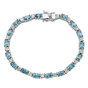 D'Joy Premium Cambodian Blue Zircon and Moissanite 16.65 ctw Ocean Flow Bracelet in Rhodium Over Sterling Silver (7.25 In) (Del. in 10-12 Days)