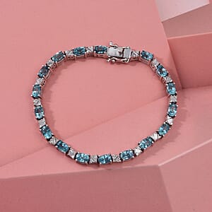 D'Joy Premium Cambodian Blue Zircon and Moissanite 16.65 ctw Ocean Flow Bracelet in Rhodium Over Sterling Silver (7.25 In) (Del. in 10-12 Days)