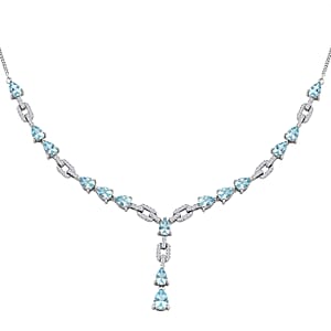 D'Joy Premium Cambodian Blue Zircon and White Zircon 11.30 ctw Ocean Cascade Necklace in Rhodium Over Sterling Silver 18 Inches 