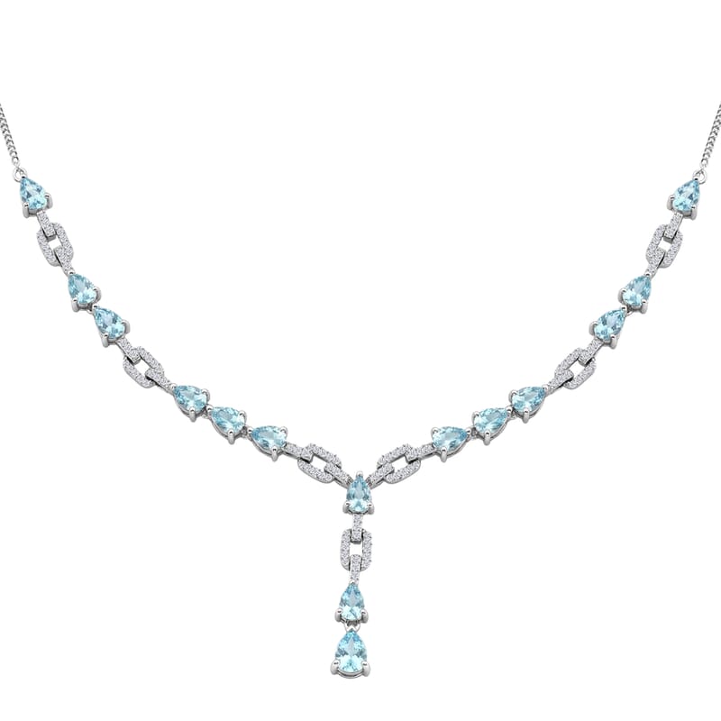 D'Joy Premium Cambodian Blue Zircon and White Zircon 11.30 ctw Ocean Cascade Necklace in Rhodium Over Sterling Silver 18 Inches