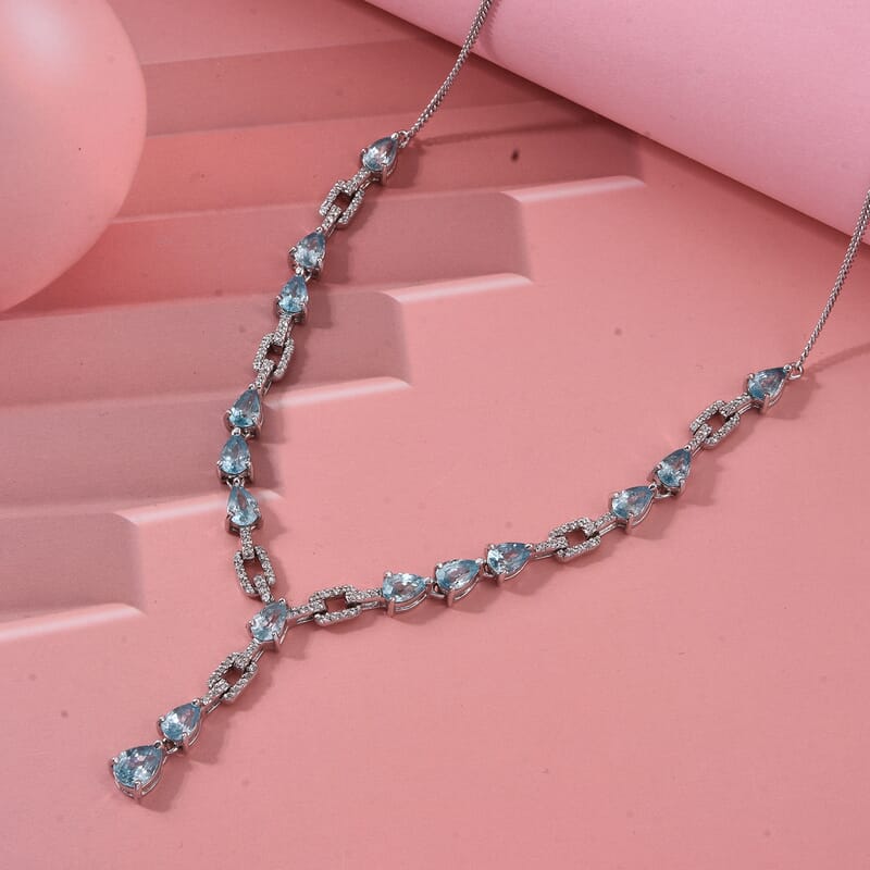 D'Joy Premium Cambodian Blue Zircon and White Zircon 11.30 ctw Ocean Cascade Necklace in Rhodium Over Sterling Silver 18 Inches