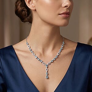 D'Joy Premium Cambodian Blue Zircon and White Zircon 11.30 ctw Ocean Cascade Necklace in Rhodium Over Sterling Silver 18 Inches 