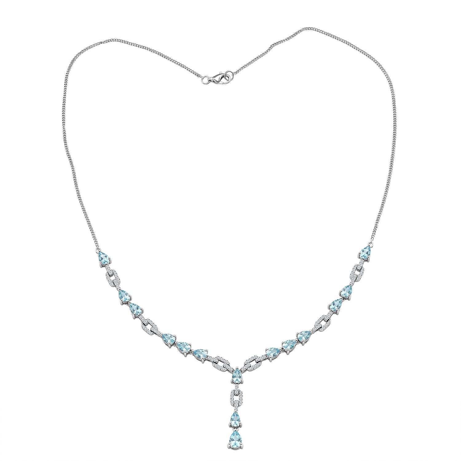 D'Joy Premium Cambodian Blue Zircon and White Zircon 11.30 ctw Ocean Cascade Necklace in Rhodium Over Sterling Silver 18 Inches