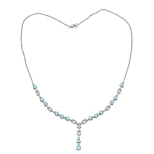 D'Joy Premium Cambodian Blue Zircon and White Zircon 11.30 ctw Ocean Cascade Necklace in Rhodium Over Sterling Silver 18 Inches 