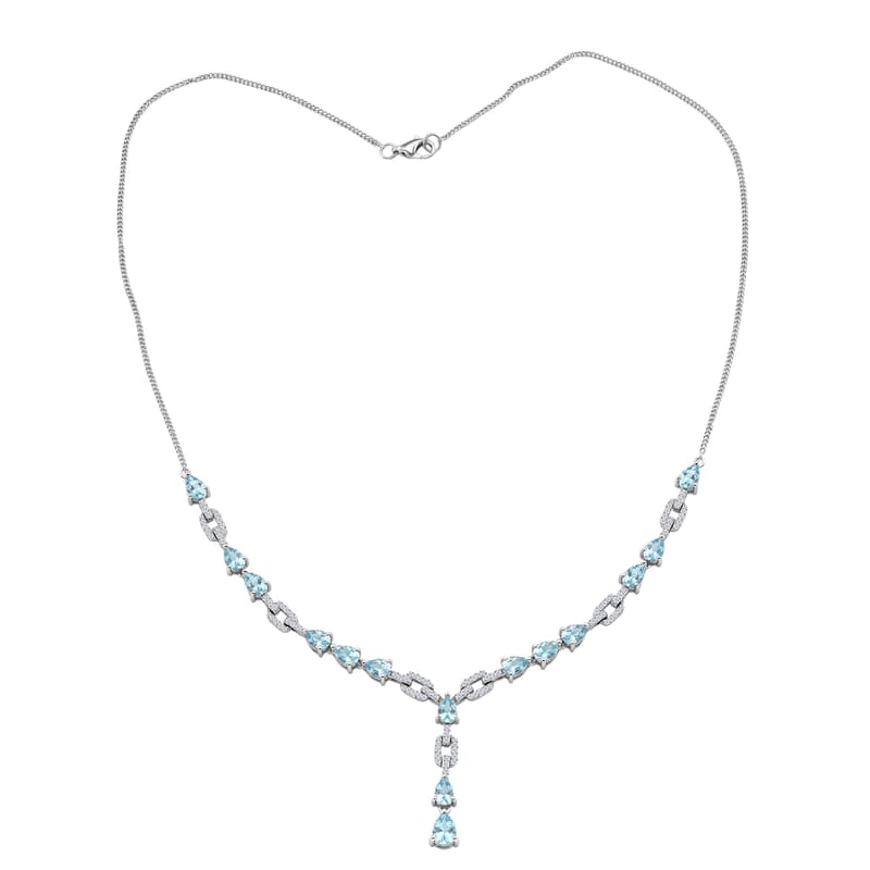 D'Joy Premium Cambodian Blue Zircon and White Zircon 11.30 ctw Ocean Cascade Necklace in Rhodium Over Sterling Silver 18 Inches