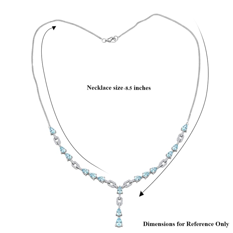 D'Joy Premium Cambodian Blue Zircon and White Zircon 11.30 ctw Ocean Cascade Necklace in Rhodium Over Sterling Silver 18 Inches