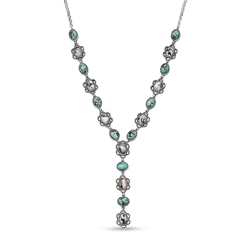 D'Joy Artisan Crafted Premium Blue Moon Turquoise and White Buffalo 15.30 ctw Neckalce in Sterling Silver 18-20 Inches