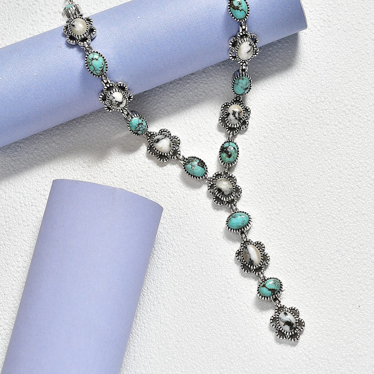 D'Joy Artisan Crafted Premium Blue Moon Turquoise and White Buffalo 15.30 ctw Neckalce in Sterling Silver 18-20 Inches  image number 1