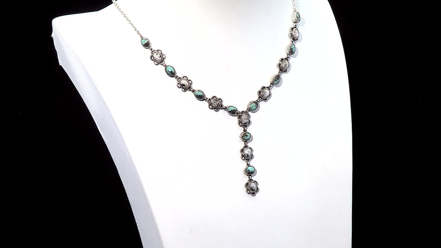 D'Joy Artisan Crafted Premium Blue Moon Turquoise and White Buffalo 15.30 ctw Neckalce in Sterling Silver 18-20 Inches