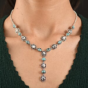 D'Joy Artisan Crafted Premium Blue Moon Turquoise and White Buffalo 15.30 ctw Neckalce in Sterling Silver 18-20 Inches 