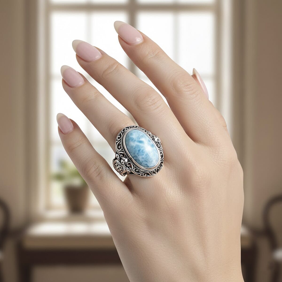 D'Joy Bali Legacy Larimar 10.85 ctw Turtle Ring in Sterling Silver (Size 8.0) image number 2