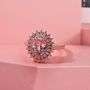 D'Joy Premium Pink Morganite and Moissanite 2.25 ctw Love Bloom Halo Ring in 18K Vermeil Rose Gold Over Sterling Silver (Size 6.0)