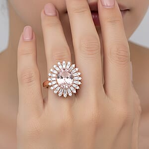 D'Joy Premium Pink Morganite and Moissanite 2.25 ctw Love Bloom Halo Ring in 18K Vermeil Rose Gold Over Sterling Silver (Size 6.0)