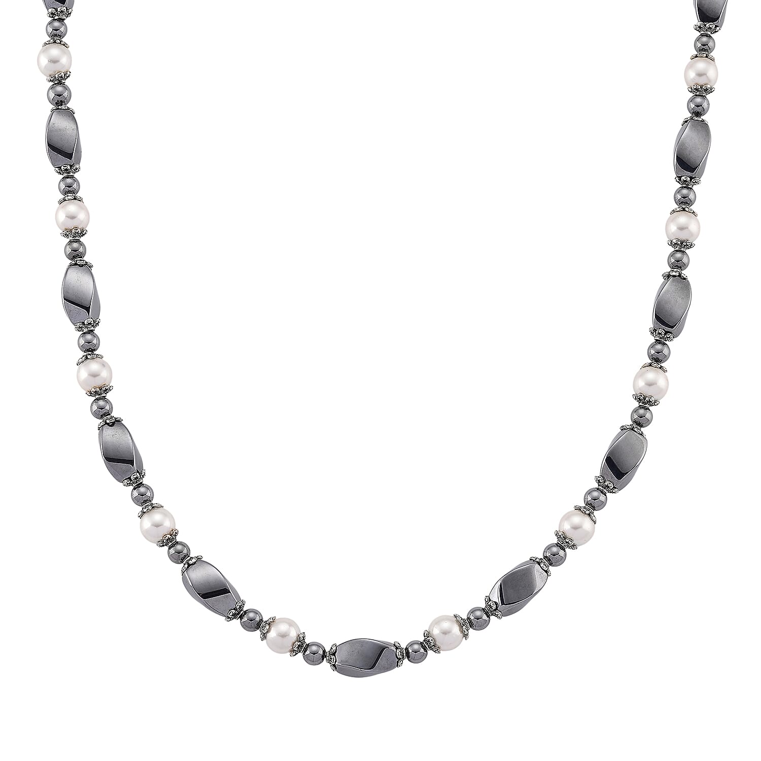 Terahertz 70.00 ctw and White Shell Pearl Necklace (18-20 Inches) with Tiger Charm in Silvertone and Stainless Steel