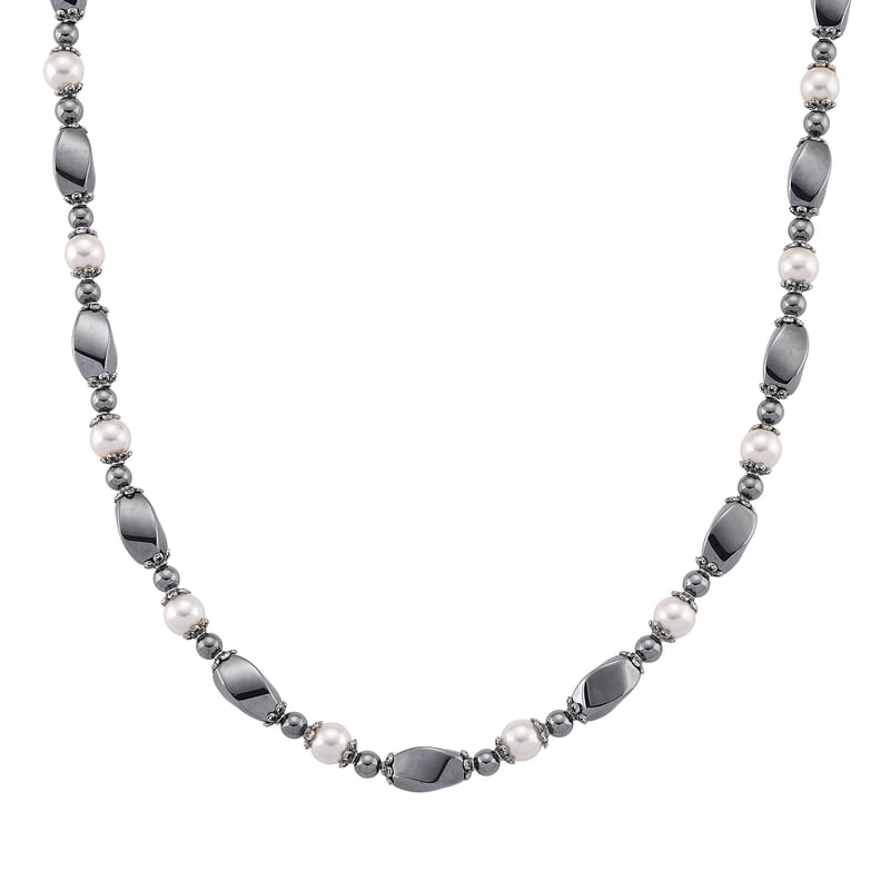 Terahertz 70.00 ctw and White Shell Pearl Necklace (18-20 Inches) with Tiger Charm in Silvertone and Stainless Steel