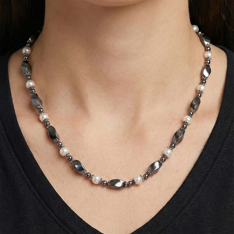 Terahertz 70.00 ctw and White Shell Pearl Necklace (18-20 Inches) with Tiger Charm in Silvertone and Stainless Steel