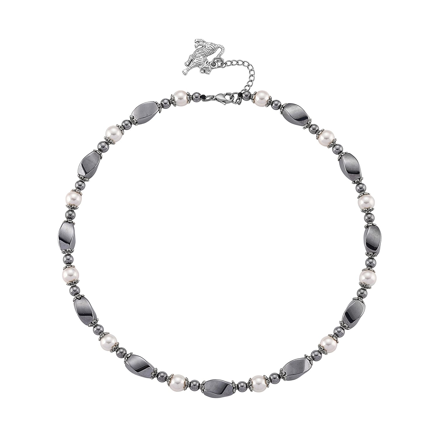 Terahertz 70.00 ctw and White Shell Pearl Necklace (18-20 Inches) with Tiger Charm in Silvertone and Stainless Steel