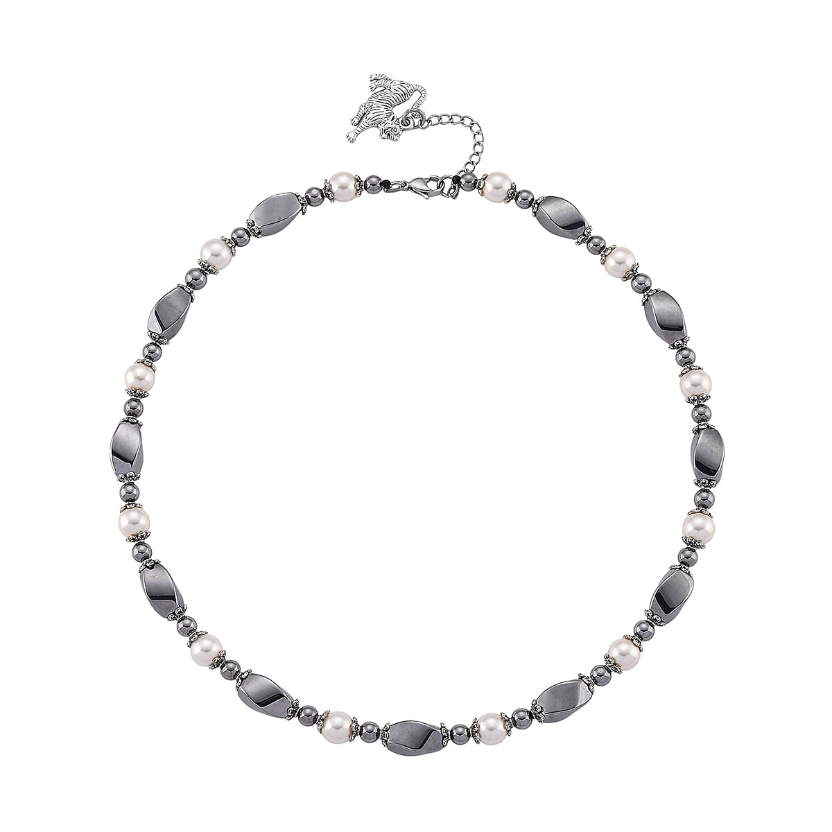 Terahertz 70.00 ctw and White Shell Pearl Necklace (18-20 Inches) with Lion Charm in Silvertone and Stainless Steel image number 2