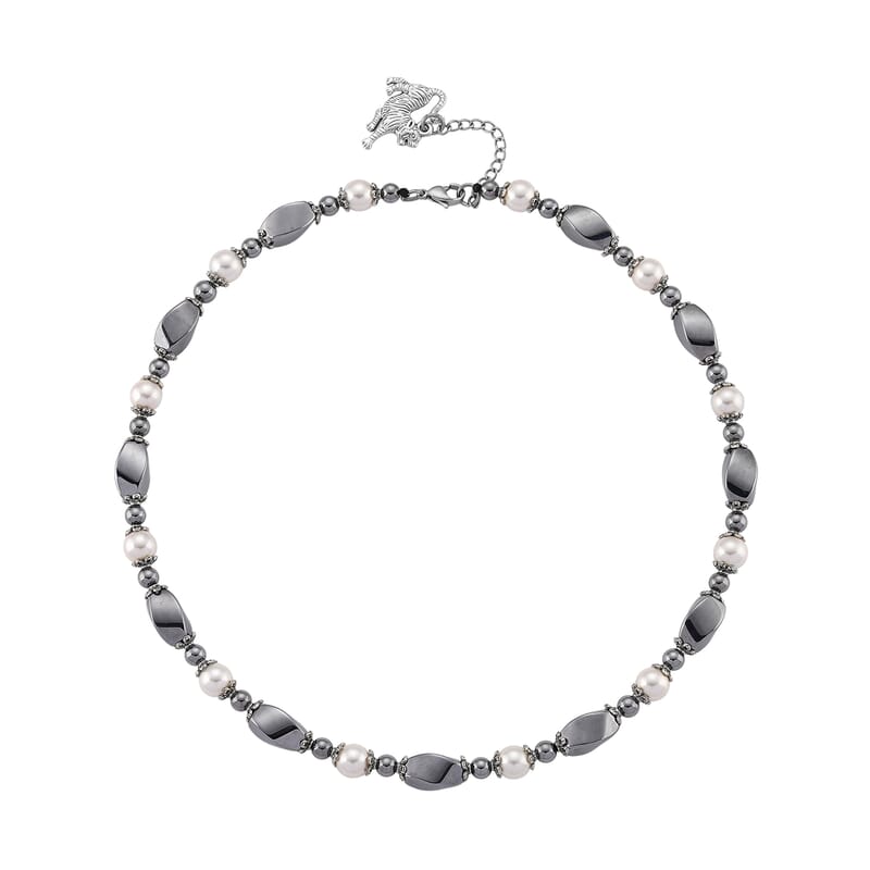 Terahertz 70.00 ctw and White Shell Pearl Necklace (18-20 Inches) with Tiger Charm in Silvertone and Stainless Steel