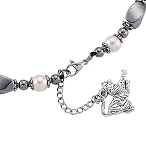 Terahertz 70.00 ctw and White Shell Pearl Necklace (18-20 Inches) with Lion Charm in Silvertone and Stainless Steel