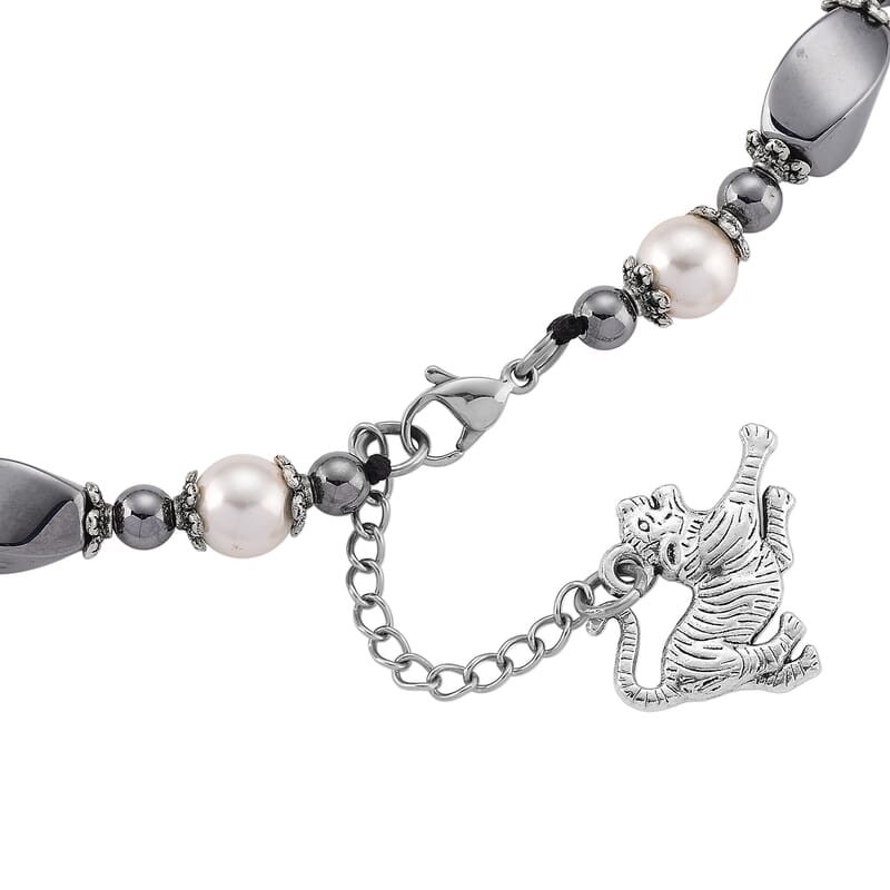 Terahertz 70.00 ctw and White Shell Pearl Necklace (18-20 Inches) with Tiger Charm in Silvertone and Stainless Steel
