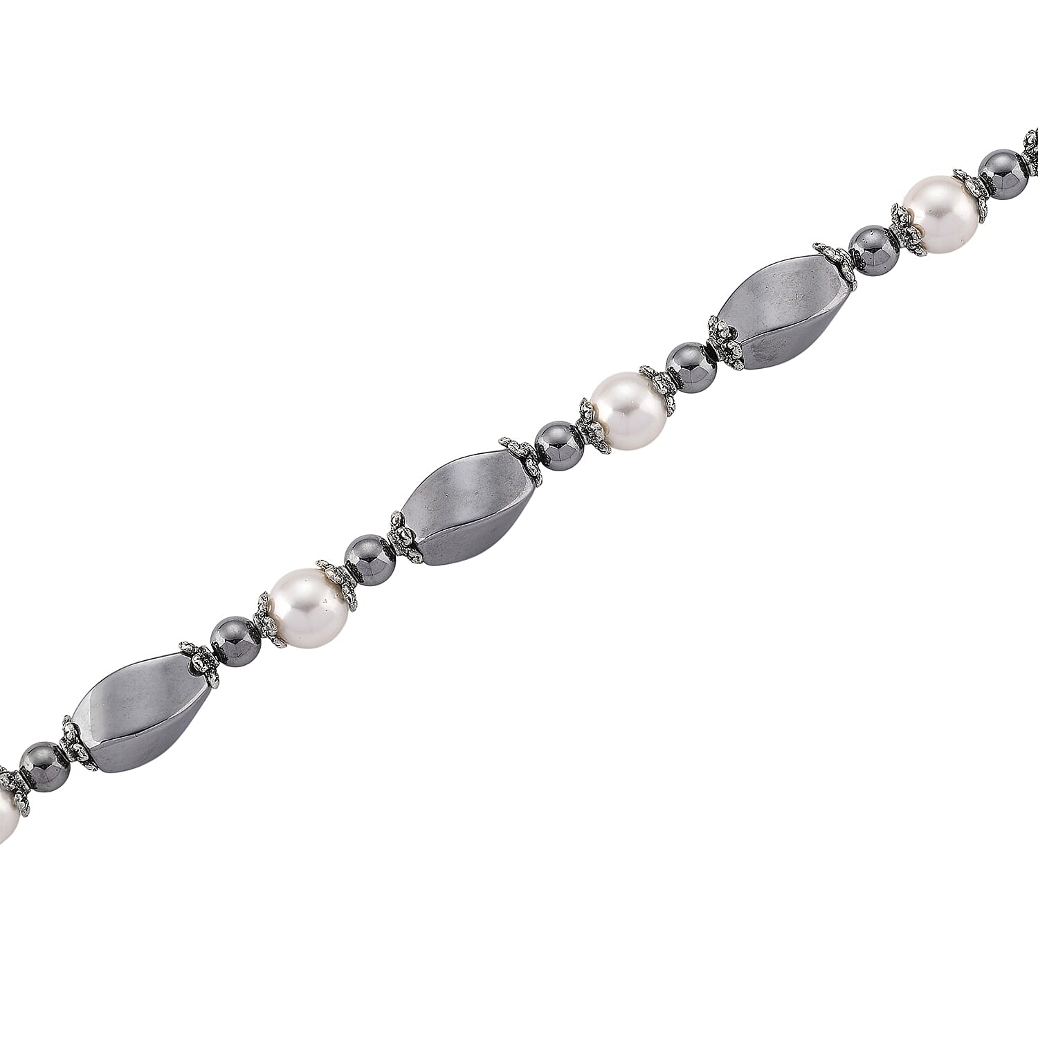 Terahertz 70.00 ctw and White Shell Pearl Necklace (18-20 Inches) with Tiger Charm in Silvertone and Stainless Steel