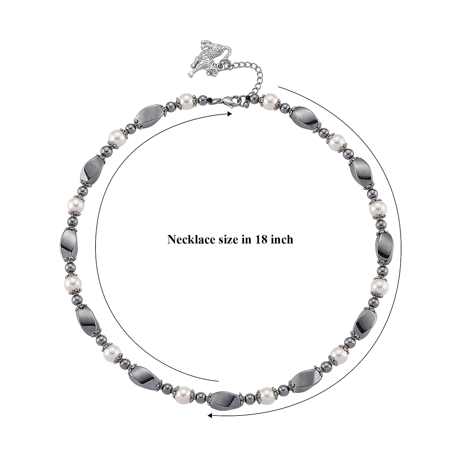 Terahertz 70.00 ctw and White Shell Pearl Necklace (18-20 Inches) with Tiger Charm in Silvertone and Stainless Steel