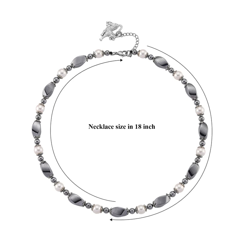 Terahertz 70.00 ctw and White Shell Pearl Necklace (18-20 Inches) with Tiger Charm in Silvertone and Stainless Steel