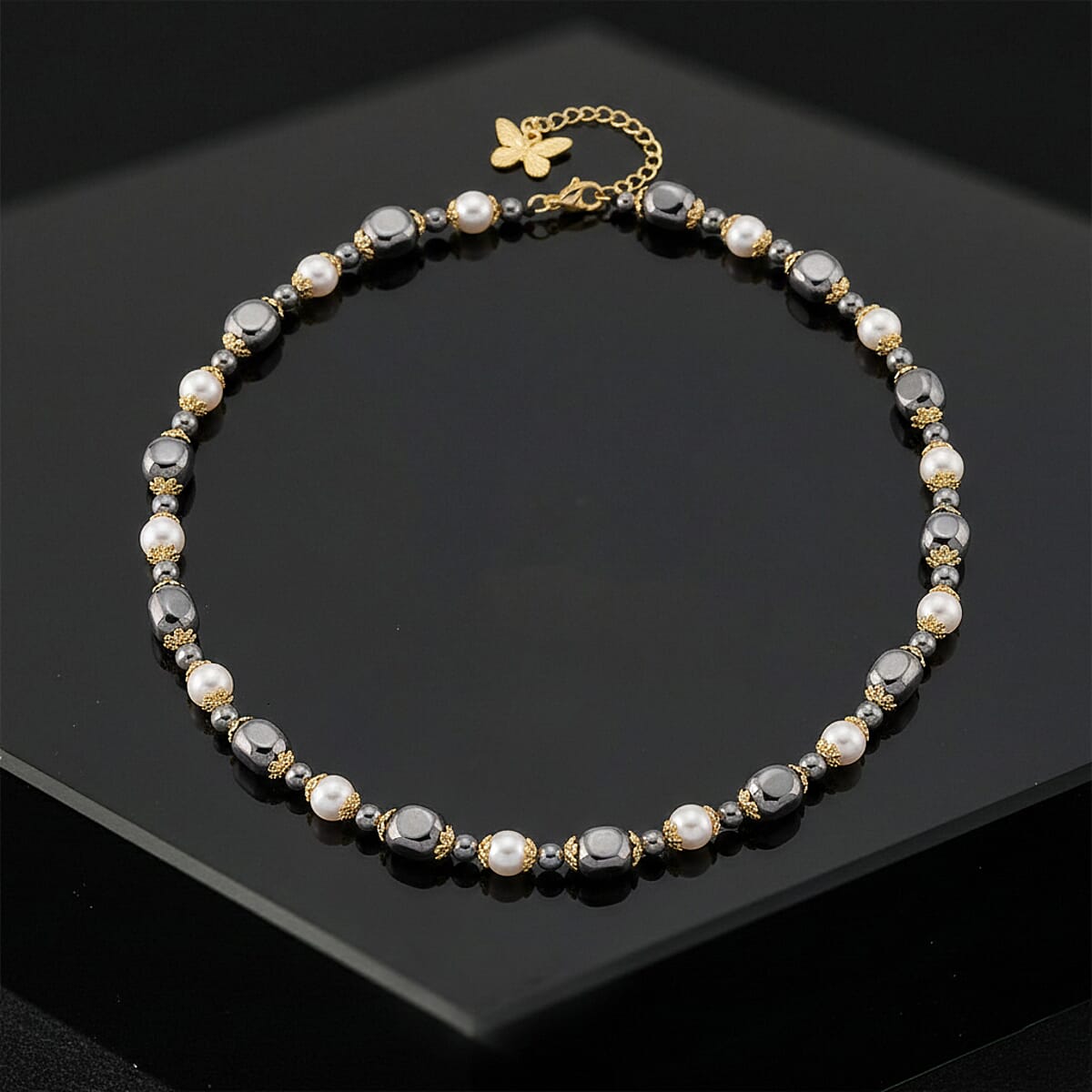 Terahertz 70.00 ctw and White Shell Pearl Necklace (18-20 Inches) with Butterfly Charm in Goldtone and Stainless Steel image number 1