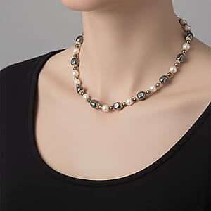 Terahertz 70.00 ctw and White Shell Pearl Necklace (18-20 Inches) with Butterfly Charm in Goldtone and Stainless Steel