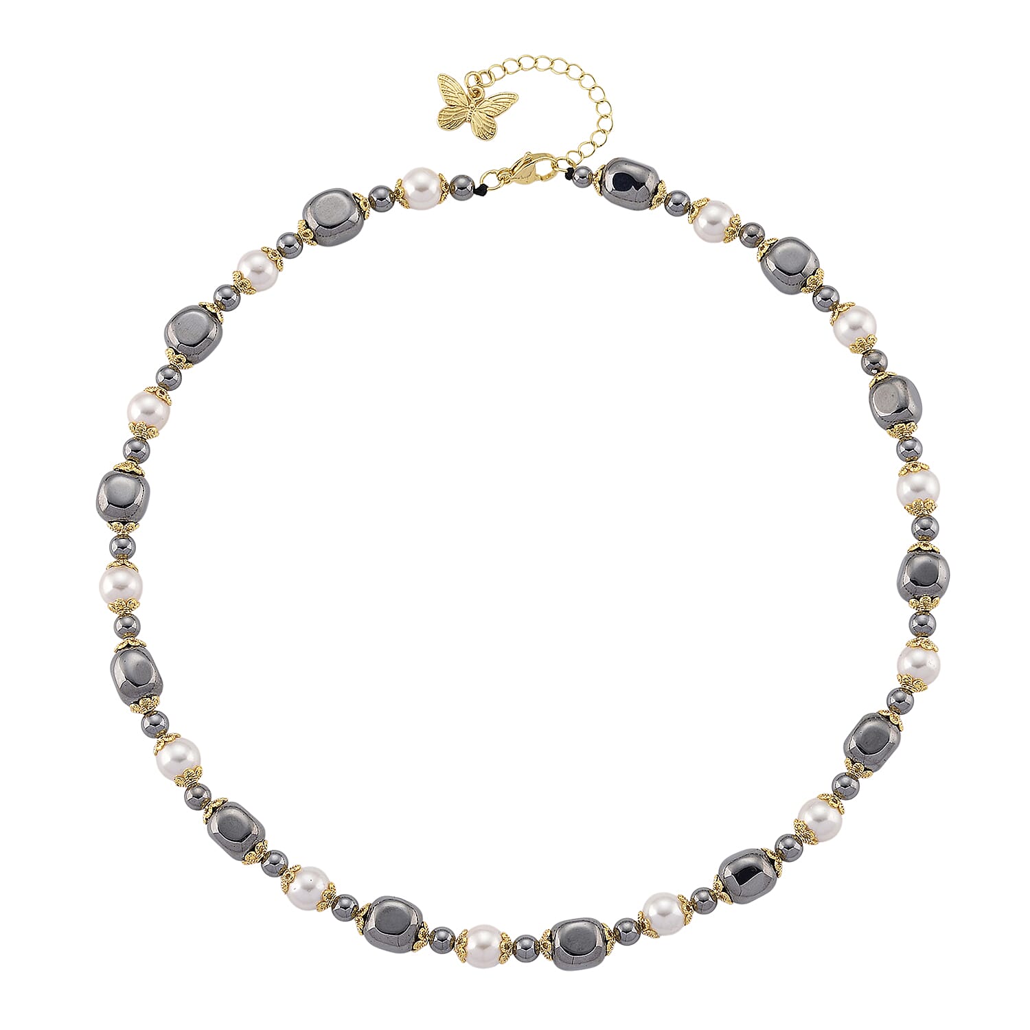 Terahertz 70.00 ctw and White Shell Pearl Necklace (18-20 Inches) with Butterfly Charm in Goldtone and Stainless Steel