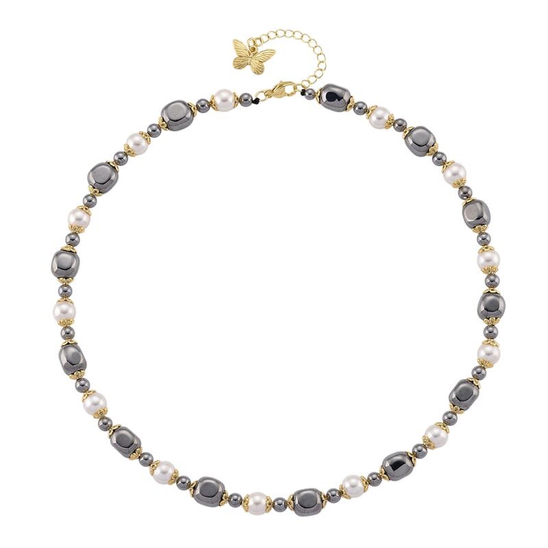 Terahertz 70.00 ctw and White Shell Pearl Necklace (18-20 Inches) with Butterfly Charm in Goldtone and Stainless Steel