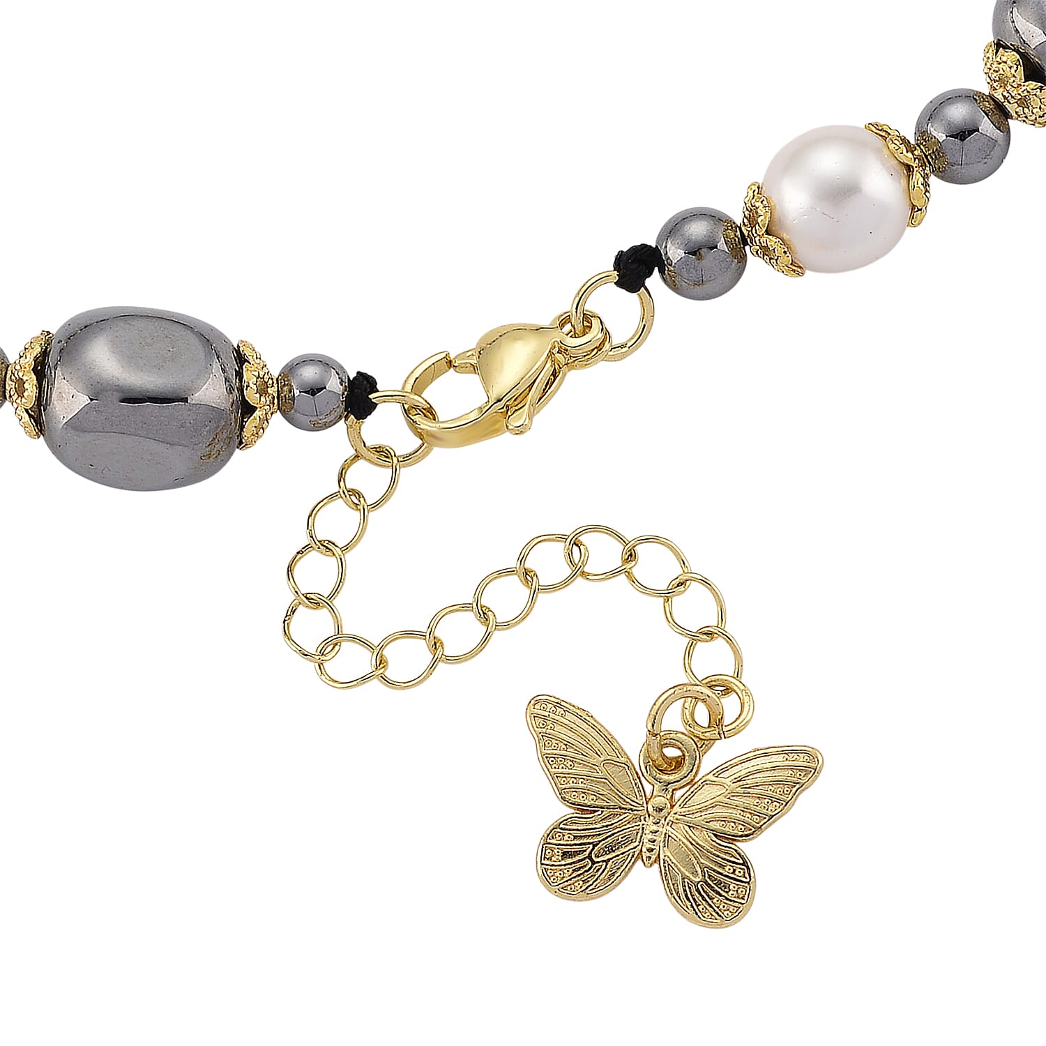 Terahertz 70.00 ctw and White Shell Pearl Necklace (18-20 Inches) with Butterfly Charm in Goldtone and Stainless Steel