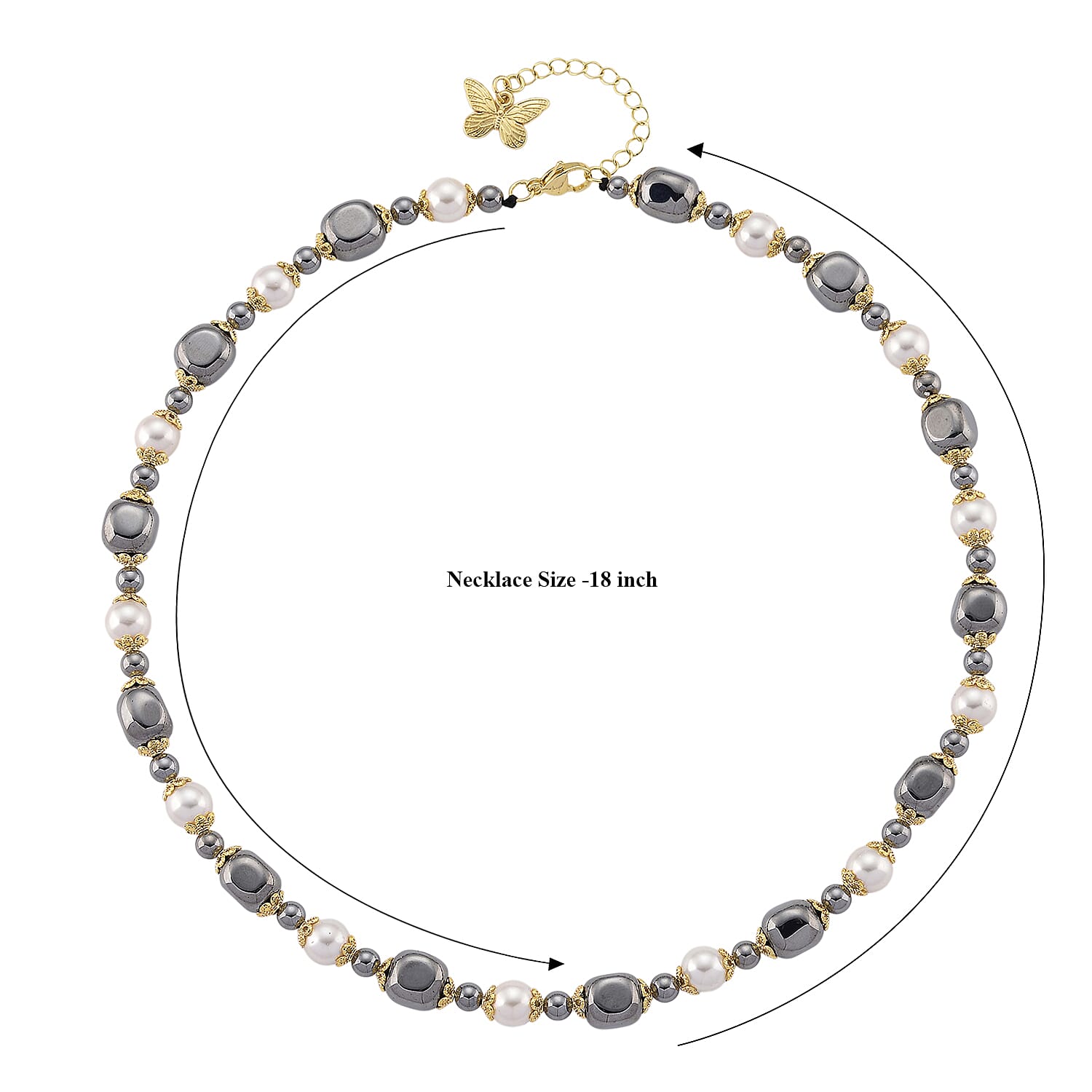 Terahertz 70.00 ctw and White Shell Pearl Necklace (18-20 Inches) with Butterfly Charm in Goldtone and Stainless Steel