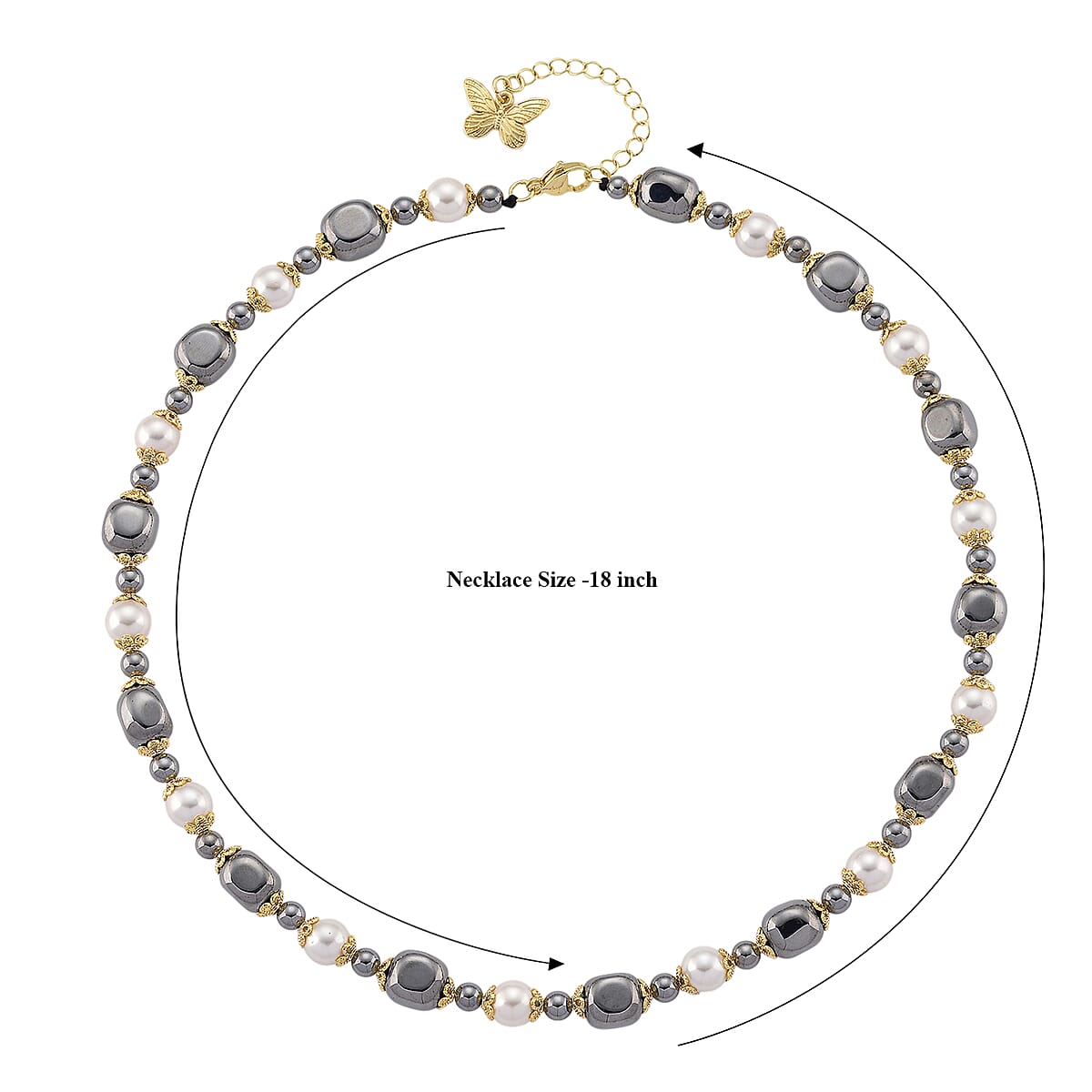 Terahertz 70.00 ctw and White Shell Pearl Necklace (18-20 Inches) with Butterfly Charm in Goldtone and Stainless Steel image number 6