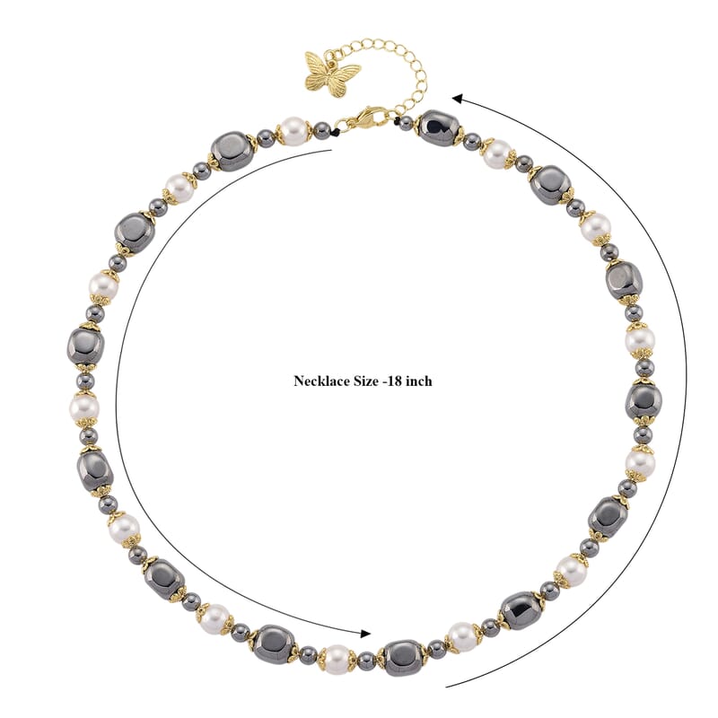 Terahertz 70.00 ctw and White Shell Pearl Necklace (18-20 Inches) with Butterfly Charm in Goldtone and Stainless Steel